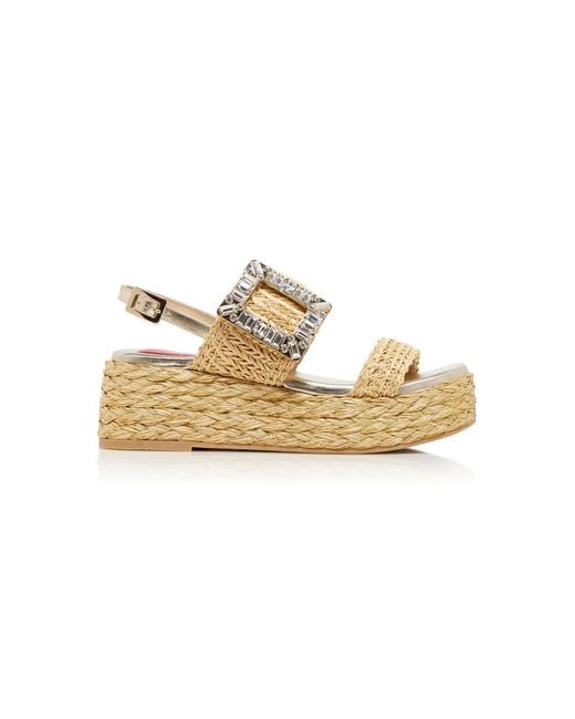Roger Vivier Metallic Crystal-Buckle Raffia Platform Sandals