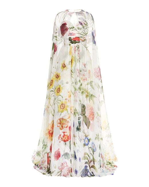 Oscar de la Renta Multicolor Floral-print Silk-chiffon Cape Gown