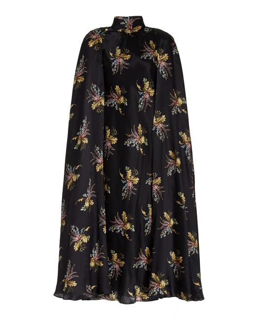 Rodarte Black Floral Silk Midi Cape Dress