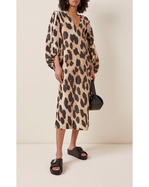 Ganni Silk Wrap Dress Leopard Ganni Leopard-print Linen-silk Blend Midi  Dress In Brown Lyst