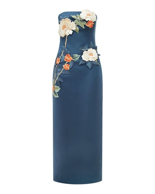 LEO LIN Rayna Floral-appliqud Satin Maxi Dress in Blue | Lyst