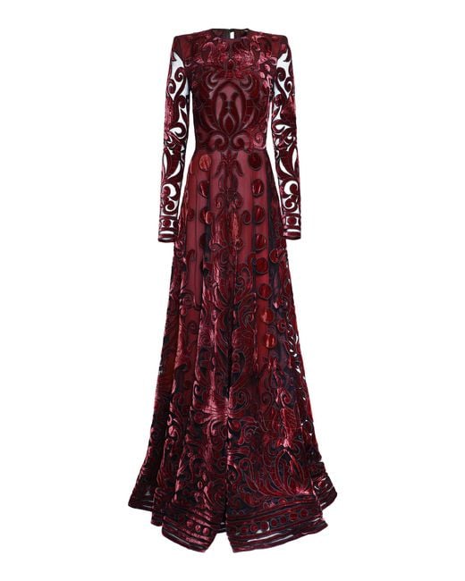 Naeem Khan Purple Long Sleeve Velvet Embroidered Gown