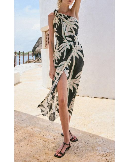 Johanna Ortiz White Palms Printed Linen Midi Dress Palm Beach