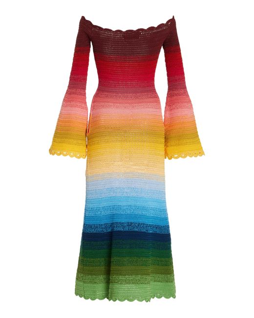 Oscar de la Renta Multicolor Off-the-shoulder Striped Crocheted Cotton Midi Dress