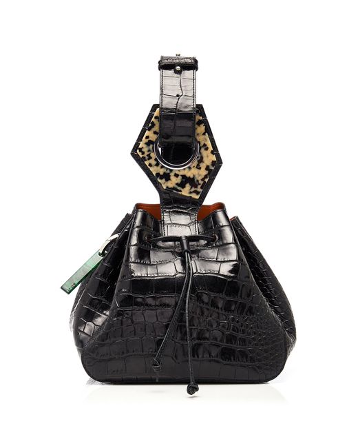 Ganni Black Resin-embellished Croc-effect Leather Bucket Bag