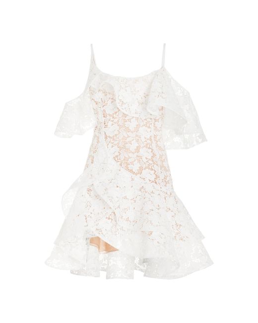Oscar de la Renta White Ruffled Gardenia Guipure-lace Mini Dress