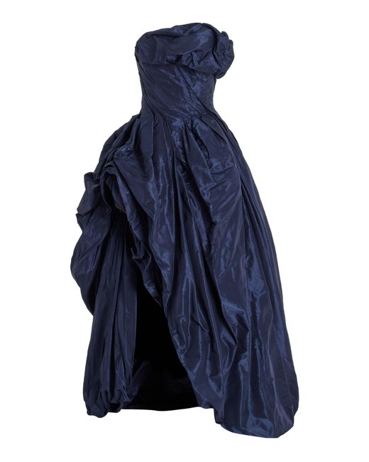 Oscar de la Renta Blue Strapless Gathered Silk-taffeta Gown