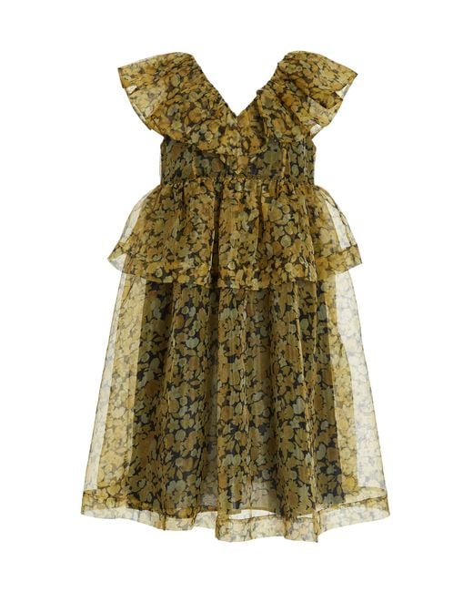 Ganni Yellow Floral-print Organza Midi Dress