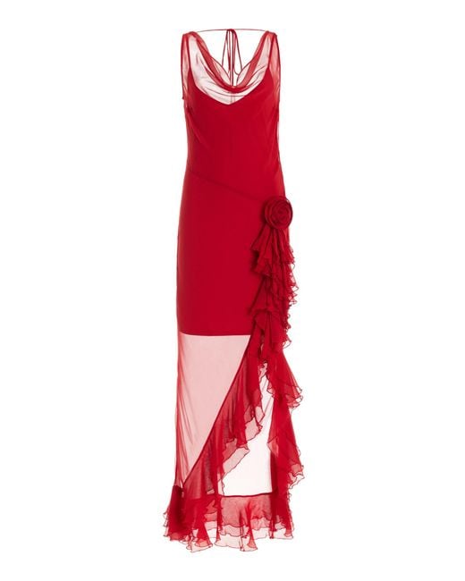 De La Vali Red Azura Ruffled Chiffon Midi Dress