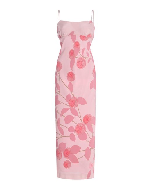BERNADETTE Pink Ripley Camelia-Print Silk Maxi Slip Dress