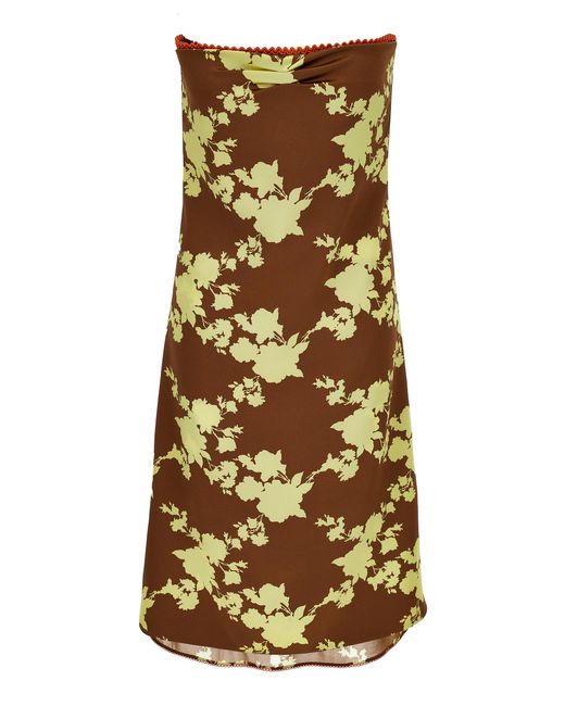 Versace Brown Floral Strapless Silk Satin Knee-Length Dress