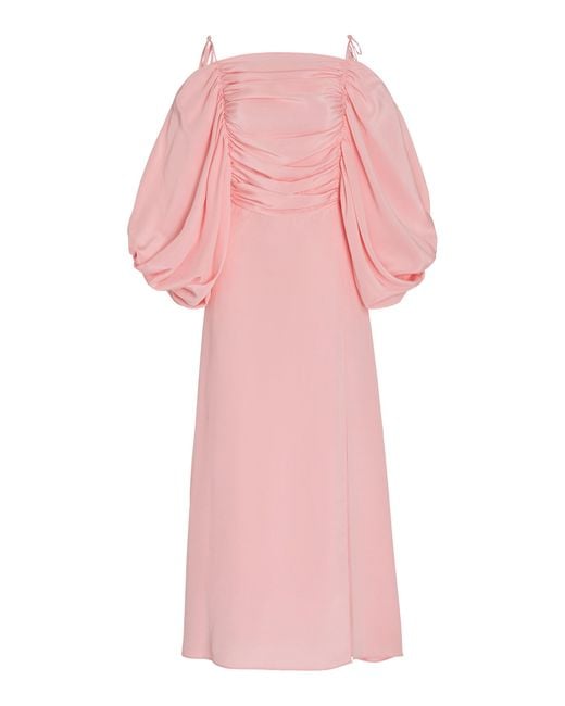 Rodarte Pink Ruched Silk Crepe Midi Dress
