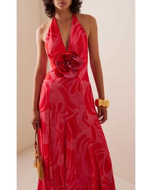 Silvia Tcherassi Red Tawny Floral-appliqué Halter Maxi Dress