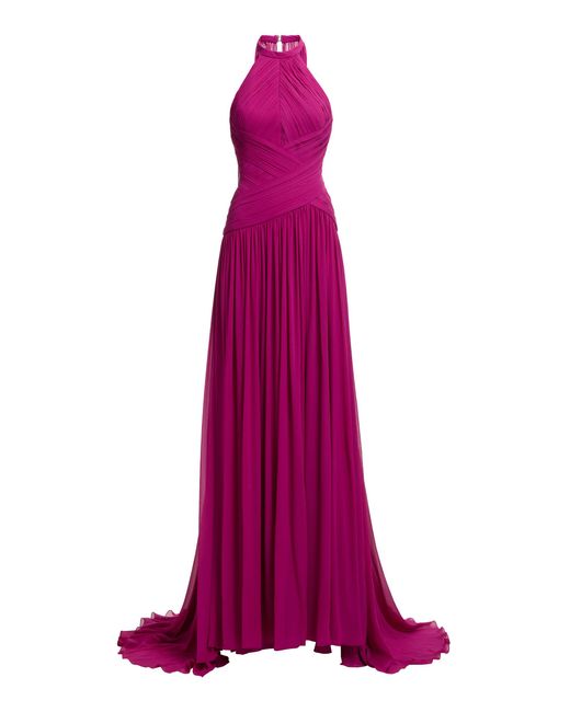 Elie Saab Purple Halter Top Wrapped Bodice Silk-Blend Maxi Dress