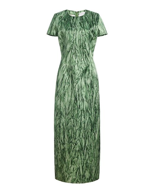 Oscar de la Renta Green Printed Satin Midi Dress