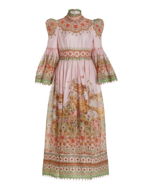 Zimmermann Pink Kaleidoscope Leo-print Silk-linen Gown