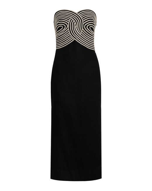 ANDRES OTALORA Black Arco Real Embroidered Linen Midi Dress