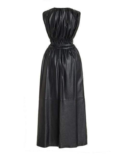 Altuzarra Black Fiona Shirred Leather Midi Dress