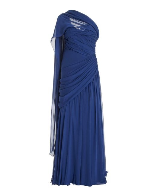Pamella Roland Blue Exclusive One-shoulder Silk-chiffon Gown