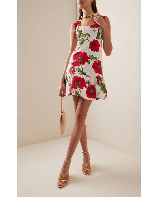 Oscar de la Renta Red Floral Cotton Cloque Mini Dress