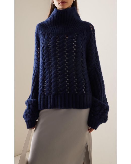 Adam Lippes Blue Open Knit Cashmere Turtleneck Sweater