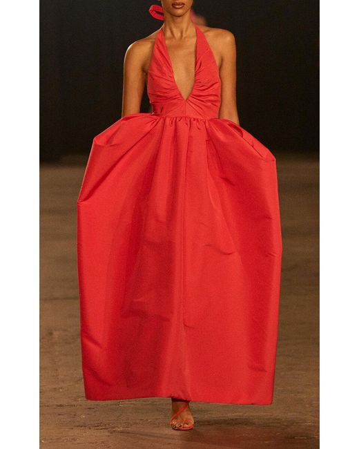 Christopher John Rogers Red Ruched Silk Halter Gown