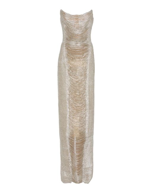 Oscar de la Renta Natural Embellished Draped Tulle Gown