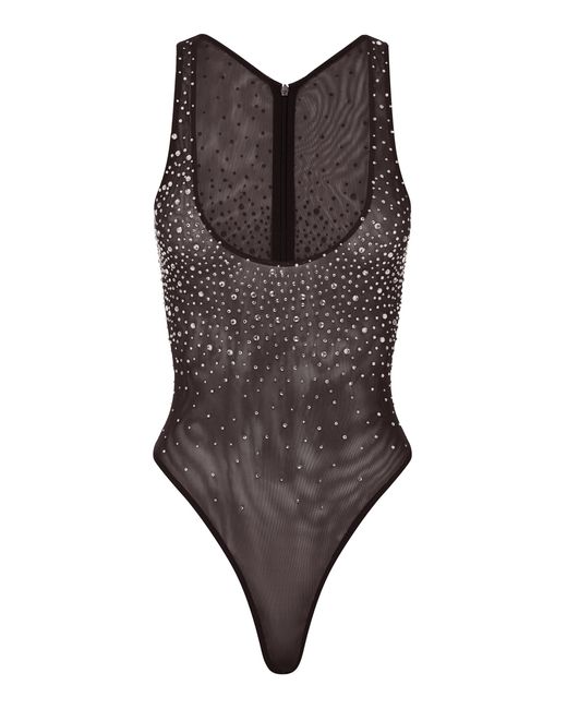 Alex Perry Brown Crystal-Embellished Mesh Bodysuit