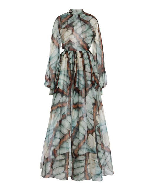 Oscar de la Renta Blue Butterfly-Print Silk-Chiffon Gown