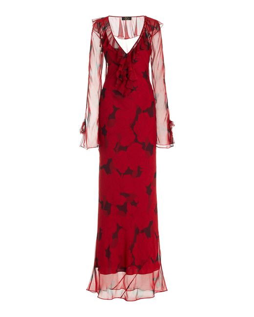 De La Vali Red Biscotti Ruffled Silk Chiffon Maxi Dress