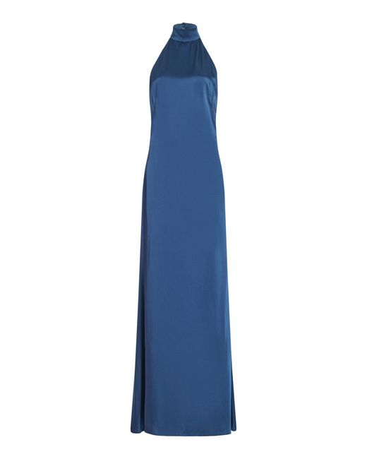 LAPOINTE Blue Backless Satin Halter Gown
