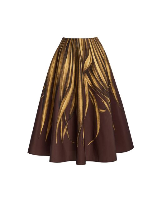Oscar de la Renta Brown Palm-Printed Faille Midi Skirt