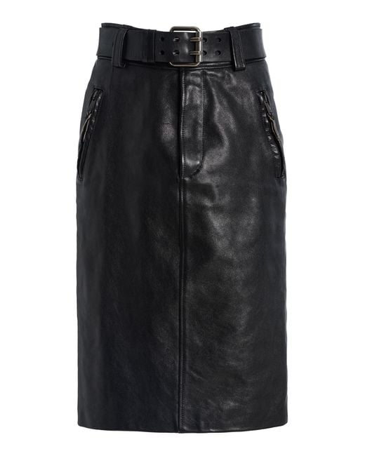 Saint Laurent Black Belted High-rise Leather Midi Skirt