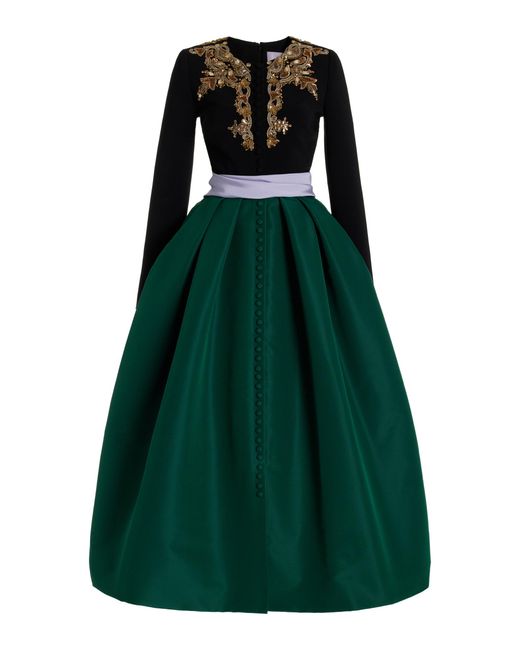 Carolina Herrera Green Embellished Crepe And Mikado Belted Gown