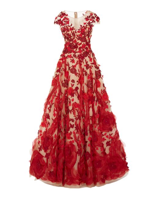 Marchesa Red Embellished Tulle & Silk Organza Dress