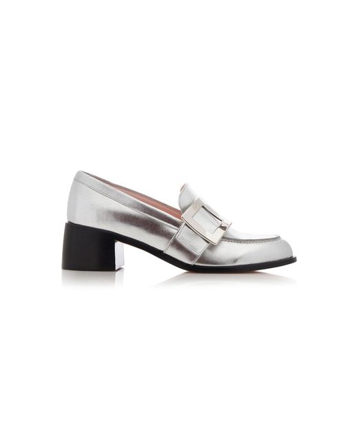 Roger Vivier White Viv' Rangers Buckle-Embellished Metallic Leather Loafers
