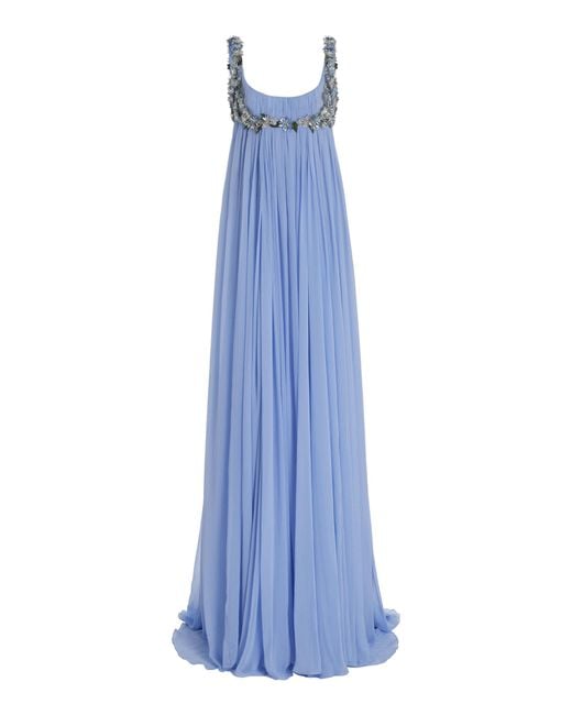 Oscar de la Renta Crystal Hydrangea Embroidered Chiffon Gown in Blue | Lyst