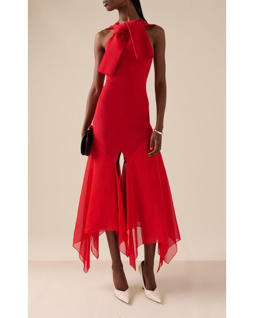 A.W.A.K.E. MODE Red Organza-Paneled Knit Maxi Dress