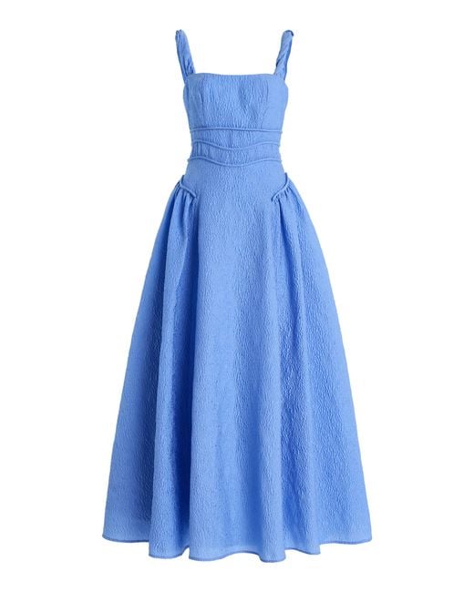 Rachel Gilbert Blue Sophia Gathered Jacquard Maxi Dress