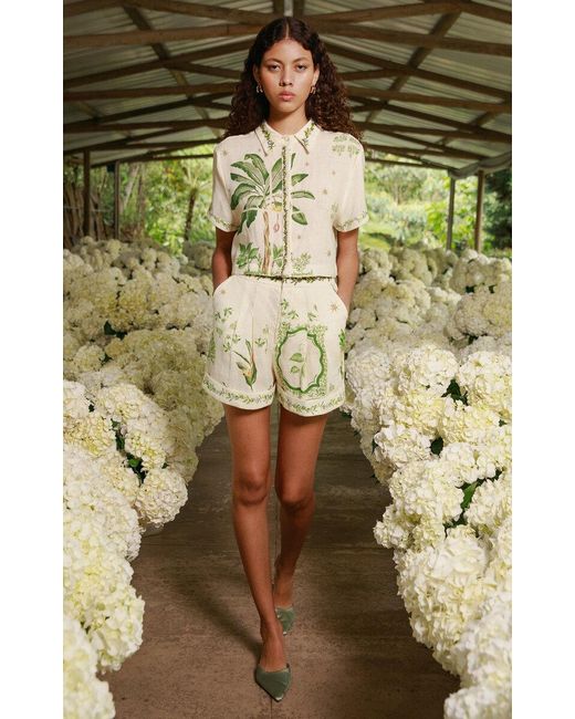 Agua Bendita Metallic Linen Embroidered Palm Print Shirt