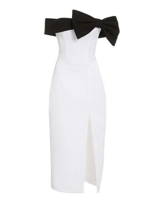 Rasario White Exclusive Bow-detailed Satin Off-the-shoulder Midi Dress