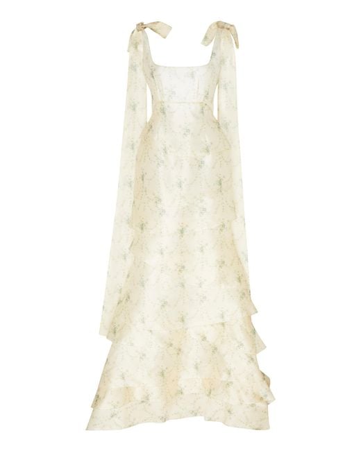 Brock Collection White Tiered Tie-detailed Floral-jacquard Gown