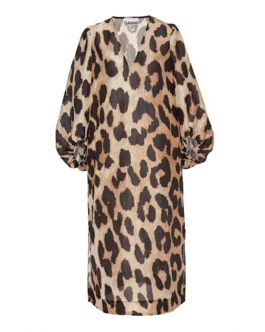 Ganni Leopard-print Linen-silk Blend Midi Dress in Brown | Lyst