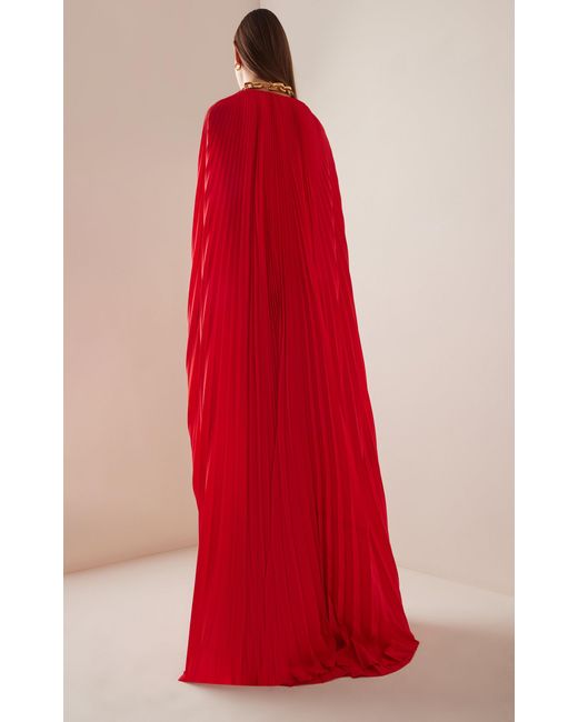 Brandon Maxwell Red The Willow Pleated Silk Cape Maxi Dress