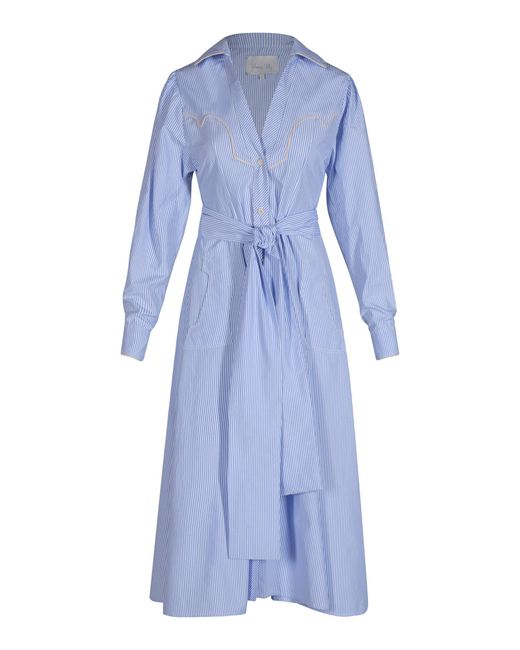 Johanna Ortiz Blue Vela De Cruz Embroidered Poplin Midi Shirt Dress