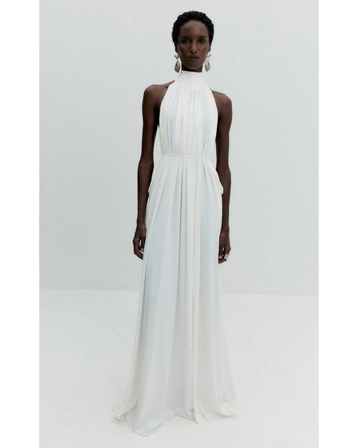 De La Vali White Luminara High-Neck Maxi Dress