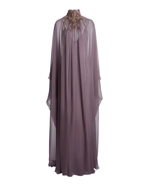 Zuhair Murad Purple Chiffon Palm Leaf Embroidered Kaftan