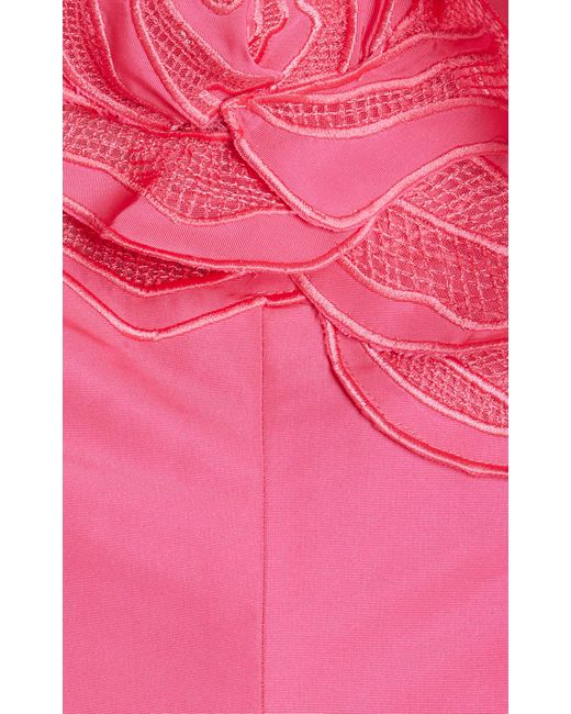 Oscar de la Renta Pink Strapless Threadwork Cut Out Roses Hi Low Gown