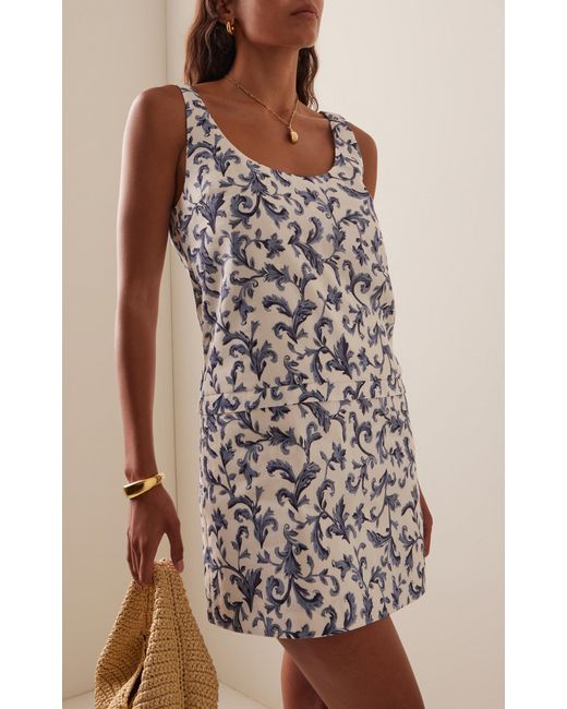 Posse White Rue Baroque-Print Linen-Silk Mini Shift Dress