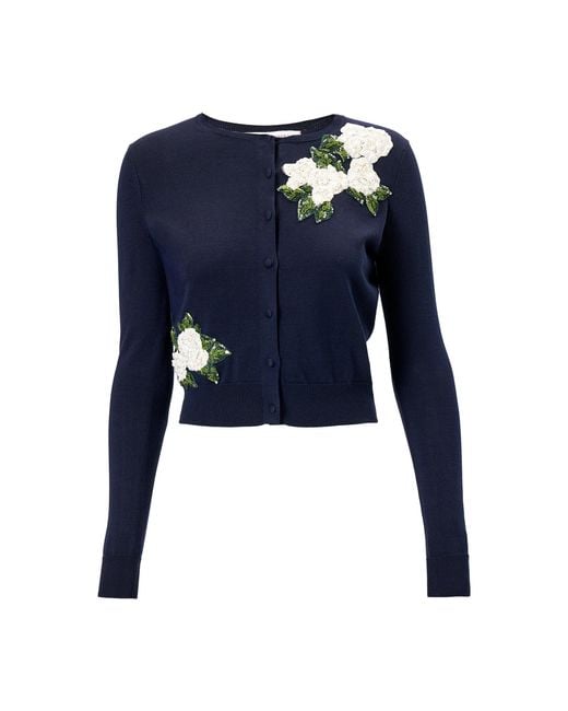 Carolina Herrera Blue Floral-Embroidered Silk-Blend Cardigan